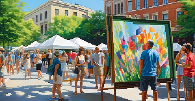 A lively outdoor gallery with colorful artworks, artists engaging with visitors, and greenery under a bright sun.