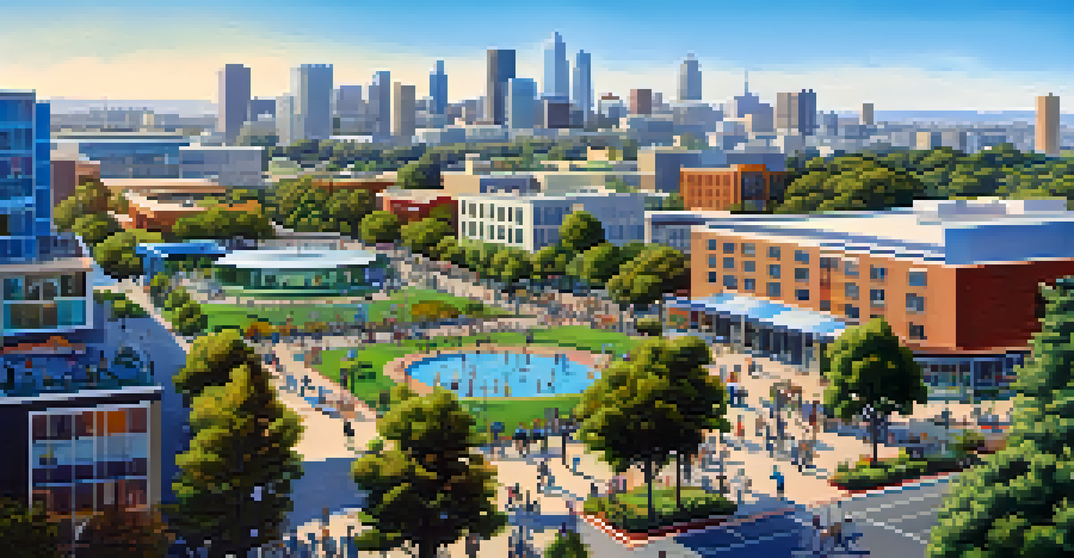 A vibrant modern skyline of Redwood City with tech buildings and people enjoying the parks.