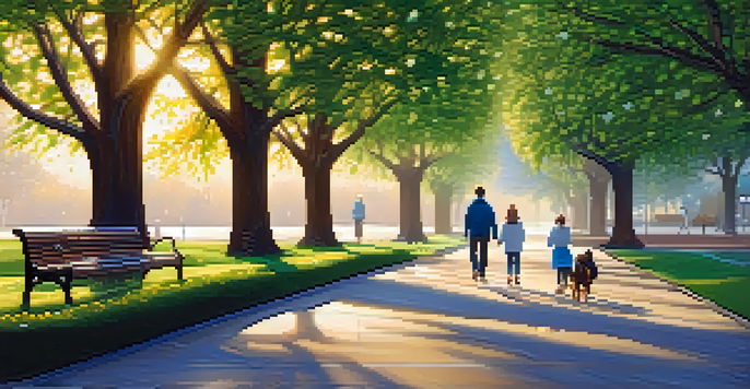 A serene winter morning scene in a park with frost on the ground, green leaves, and a family walking a dog.