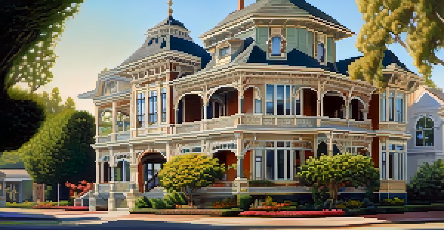 Architectural illustration of a Victorian building in Redwood City, surrounded by greenery and flowers in soft afternoon light.