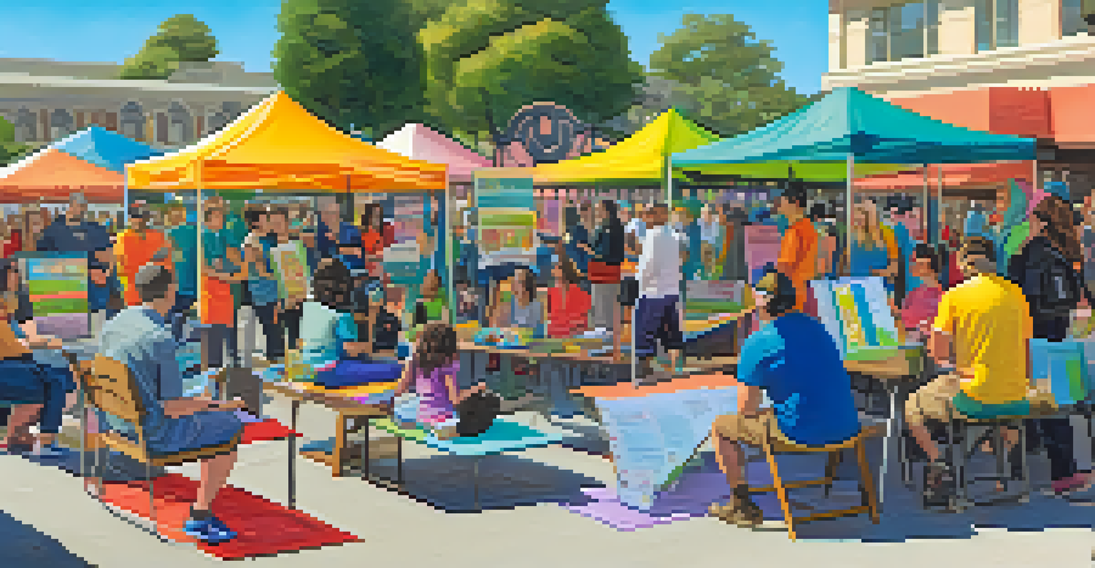 A vibrant community mental health awareness event with booths, volunteers, and people participating in activities like yoga and mindfulness.