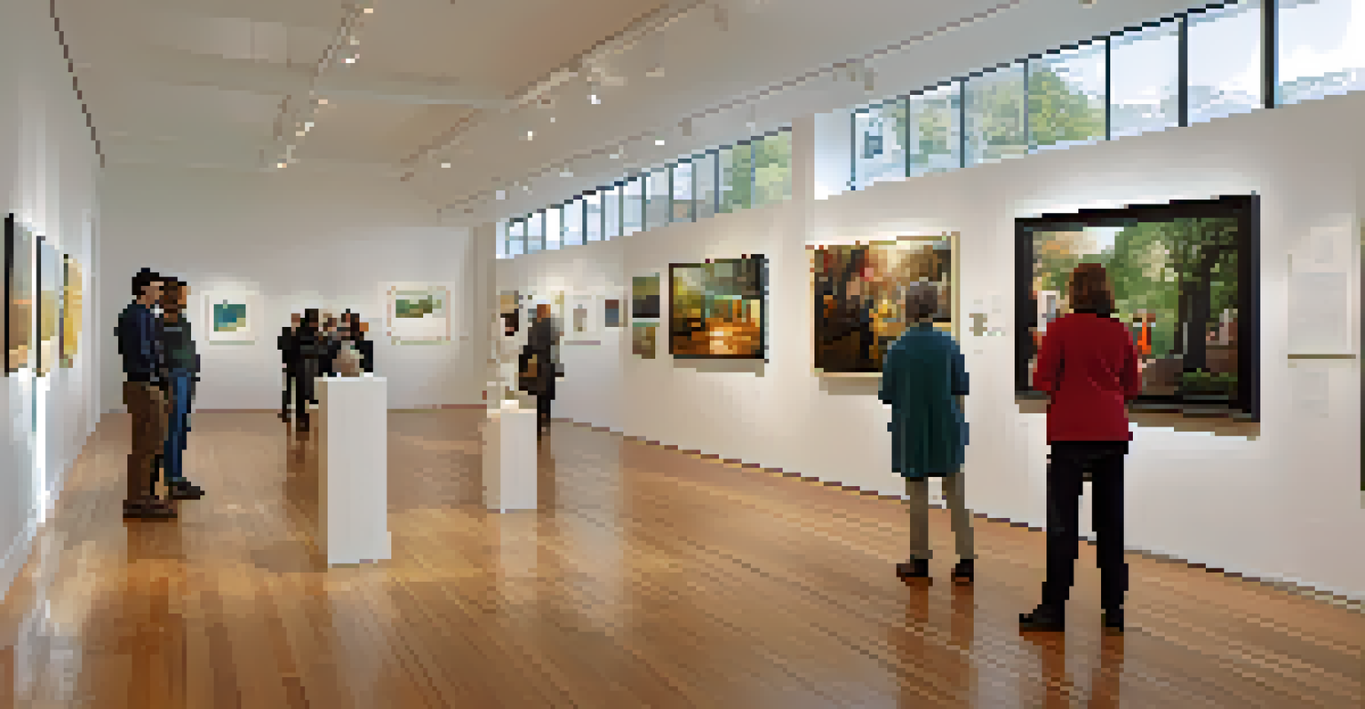 An interior view of a gallery displaying various artworks from local artists, with visitors interacting in a bright and inviting atmosphere.