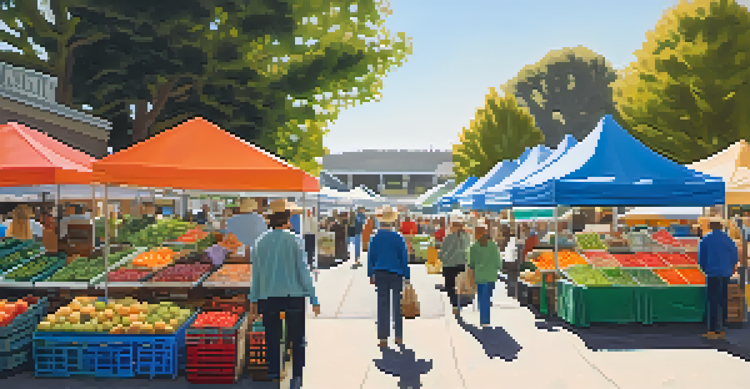 A lively farmer's market with stalls of fresh produce, families shopping, and a sunny atmosphere.