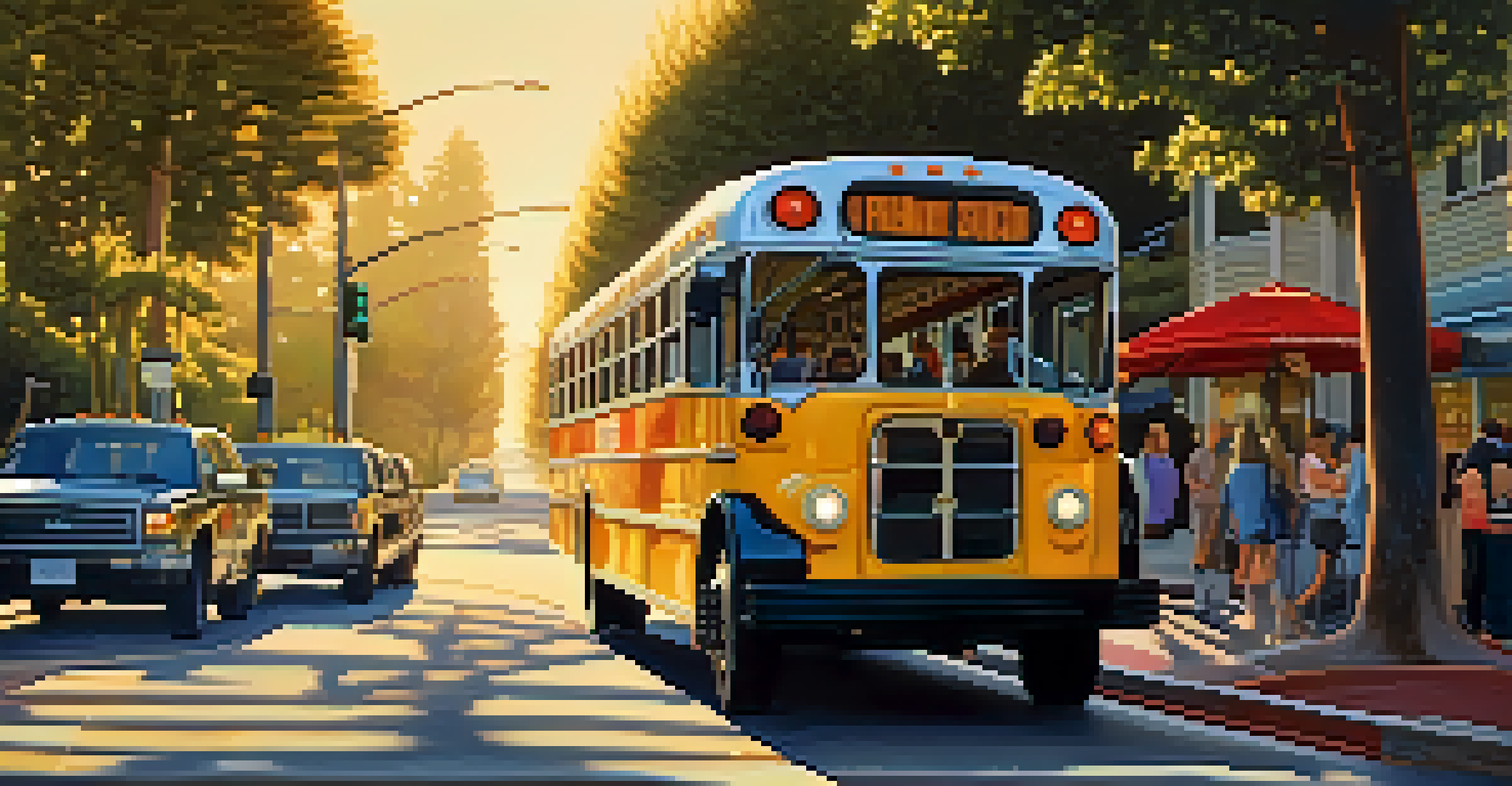 A bus driving down a tree-lined street in Redwood City during golden hour, with passengers visible inside.