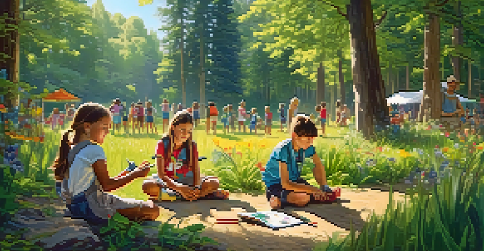 Children exploring nature in a summer camp setting, with trees and wildflowers around them, engaged in activities like examining insects and sketching.