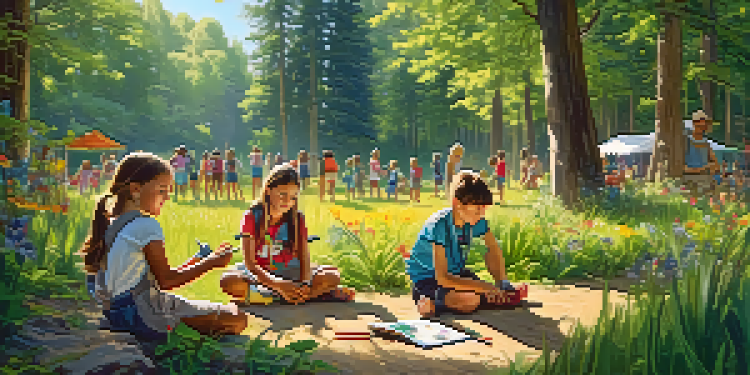 Children exploring nature in a summer camp setting, with trees and wildflowers around them, engaged in activities like examining insects and sketching.