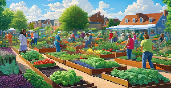 A community garden with residents planting and harvesting vegetables under a sunny sky.