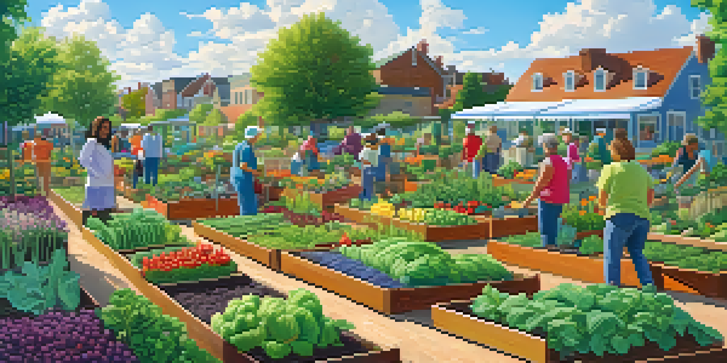 A community garden with residents planting and harvesting vegetables under a sunny sky.
