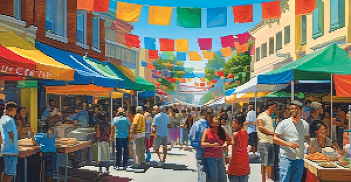 A lively outdoor food festival in Redwood City with colorful stalls and diverse people enjoying various cuisines.