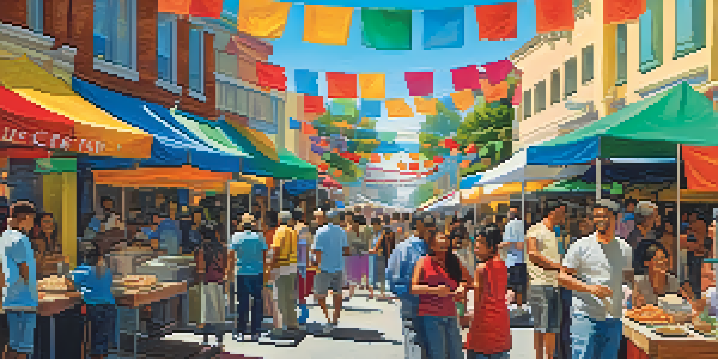 A lively outdoor food festival in Redwood City with colorful stalls and diverse people enjoying various cuisines.