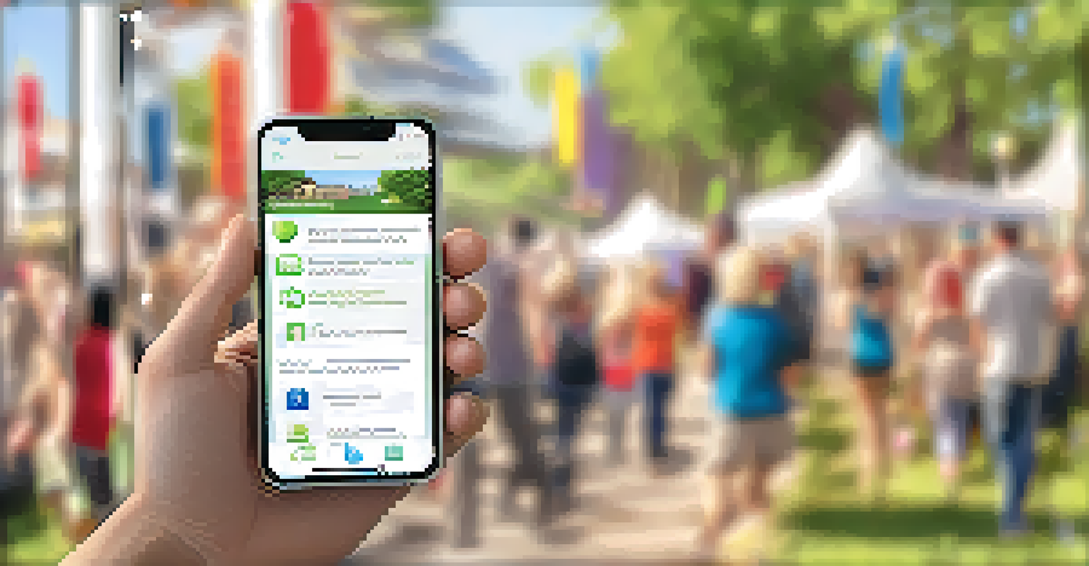 A close-up of a mobile app interface for community engagement, held in a person's hand with a blurred community event in the background.