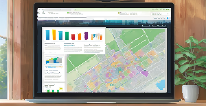 A computer screen displaying an engaging digital interface of Redwood City's Open Data Portal with colorful graphs and charts, set in a bright home office.