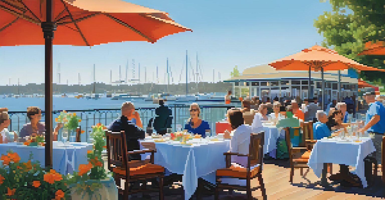 An outdoor dining scene at a waterfront restaurant with guests enjoying seafood and boats in the background.