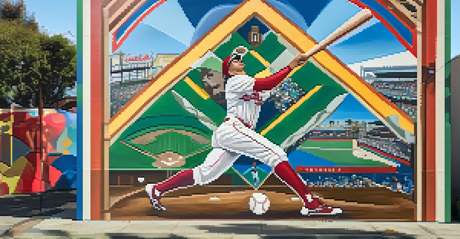 A colorful mural of a historic baseball player, featuring local landmarks and community symbols, celebrating baseball's cultural significance.