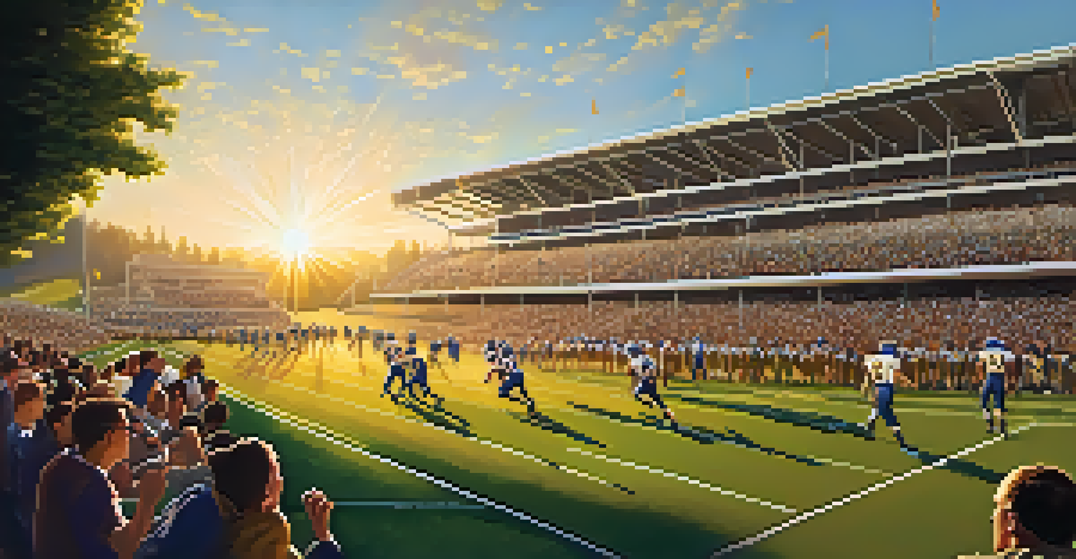 An energetic high school football game with players in motion on a green field, enthusiastic spectators in the background, and a warm sunset adding a golden hue to the scene.