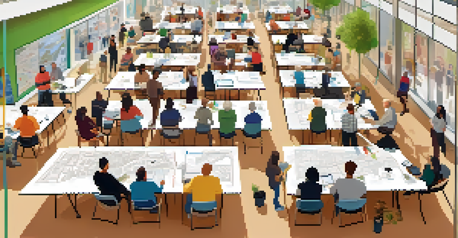A community workshop in an open space with residents discussing transportation solutions using maps and digital devices.