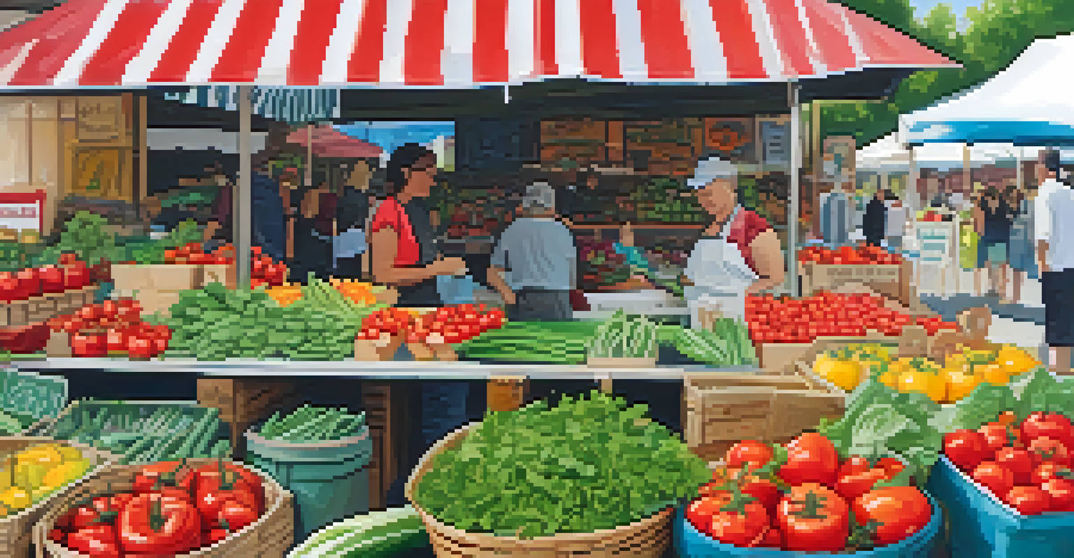 Close-up of a vendor's stall with organic produce and a friendly vendor interacting with a customer.