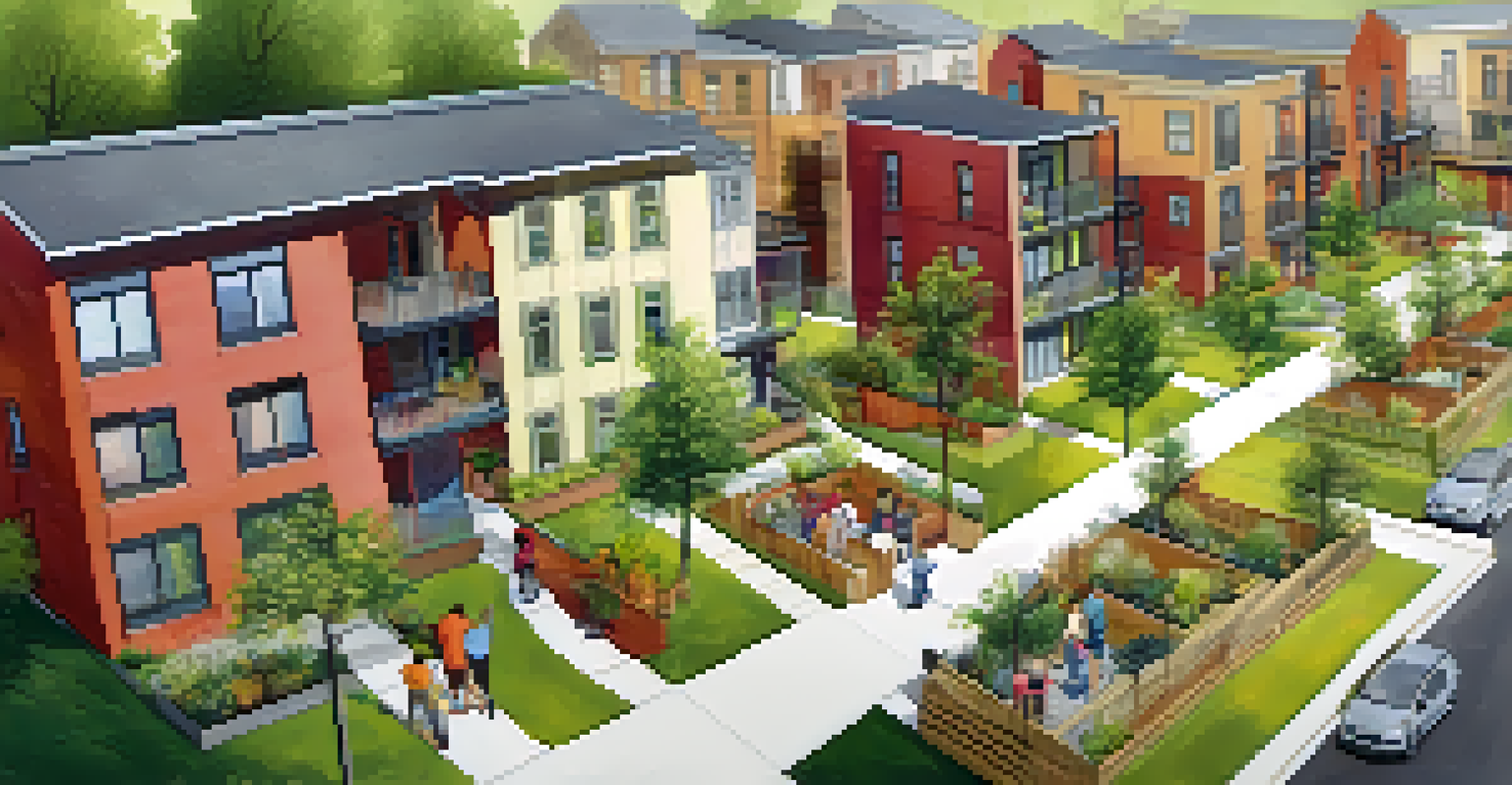 A transformed commercial property turned into affordable housing units, surrounded by green spaces and gardens, depicting a vibrant community.