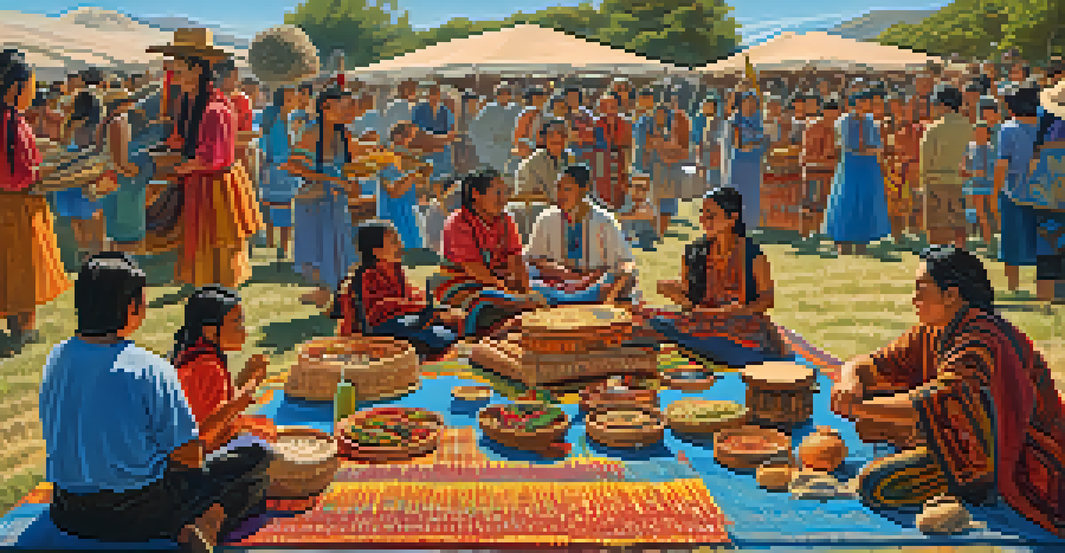 A lively Ohlone cultural festival with a communal feast, music, and colorful decorations under a sunny sky.