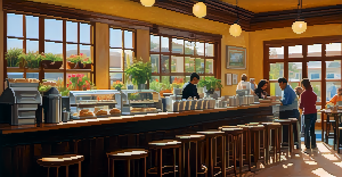 A barista making latte art in a sunny café, with pastries and local art on the walls.