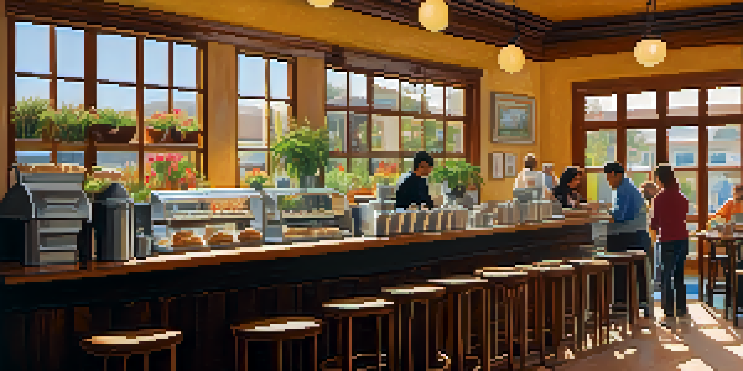 A barista making latte art in a sunny café, with pastries and local art on the walls.