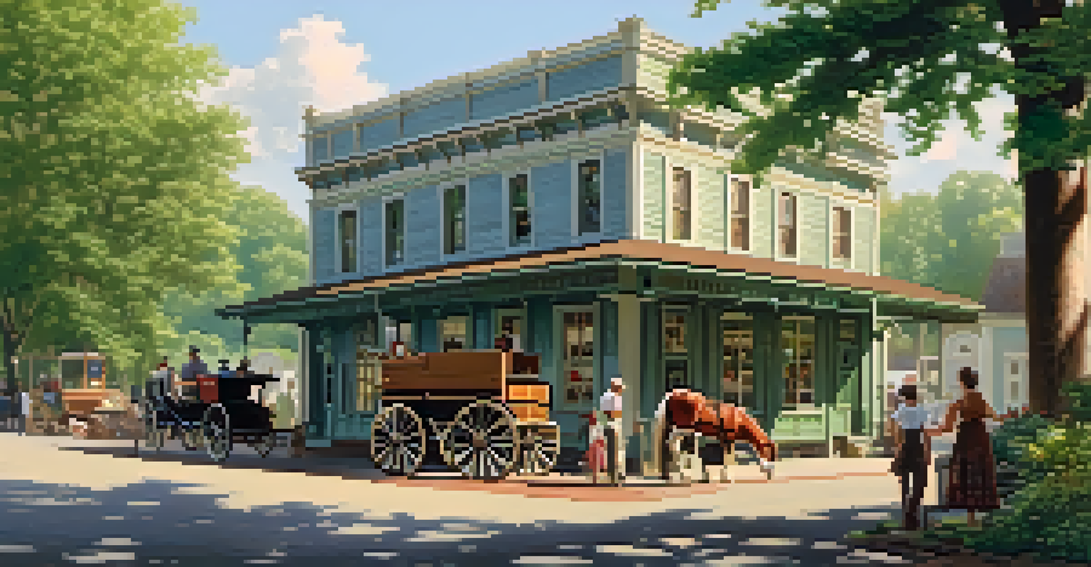 A historic store surrounded by greenery, showcasing 19th-century architecture.