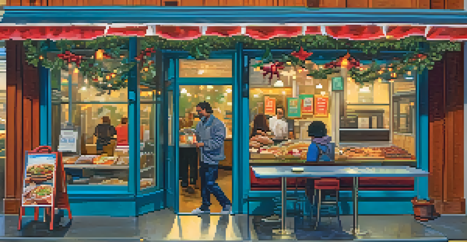 A cheerful restaurant takeout window in Redwood City with a staff member handing a takeout bag to a customer, showcasing colorful food containers.