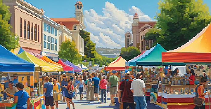 A colorful community art festival with diverse artists and attendees enjoying various art activities under a sunny sky.