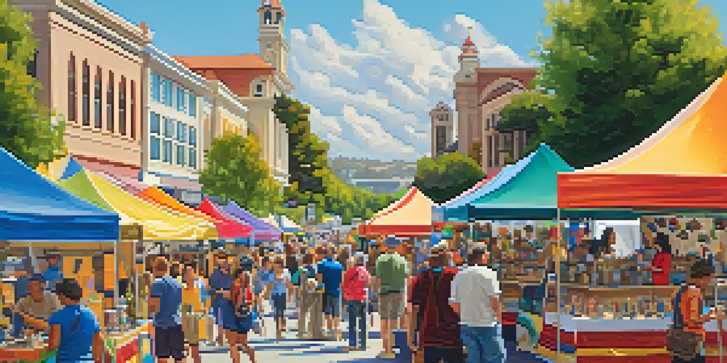 A colorful community art festival with diverse artists and attendees enjoying various art activities under a sunny sky.