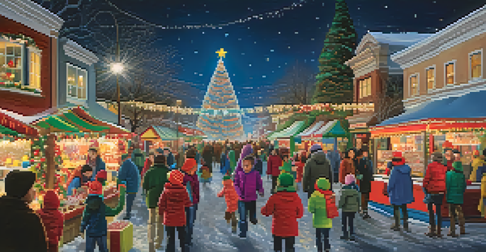 A lively winter festival in Redwood City with families enjoying the festivities, lights, and decorations, and children with Santa Claus.