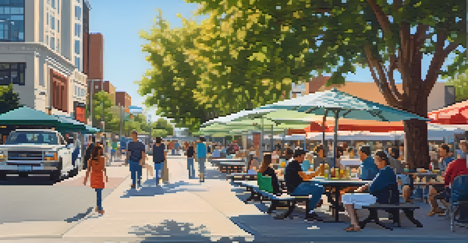 A lively urban picnic in Downtown Redwood City with a picnic table surrounded by people and food trucks.