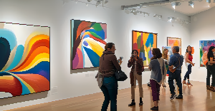 An art exhibit in a gallery with colorful abstract paintings and visitors engaging with the artwork.