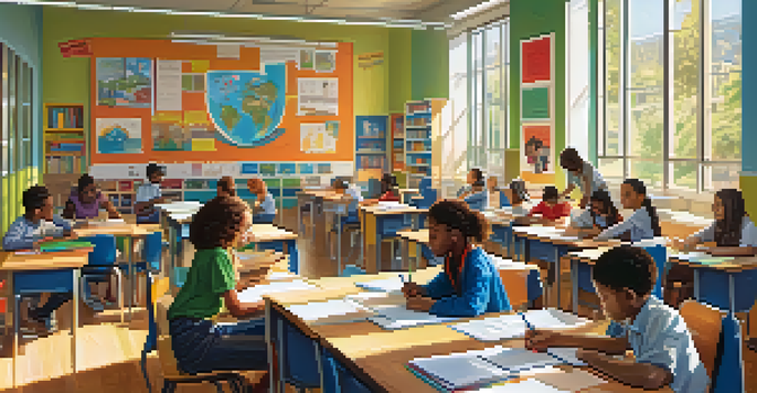 A lively classroom with diverse students participating in personalized learning, surrounded by educational materials and sunlight.
