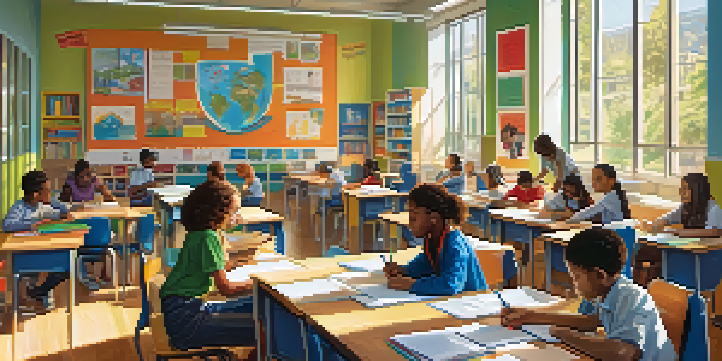 A lively classroom with diverse students participating in personalized learning, surrounded by educational materials and sunlight.