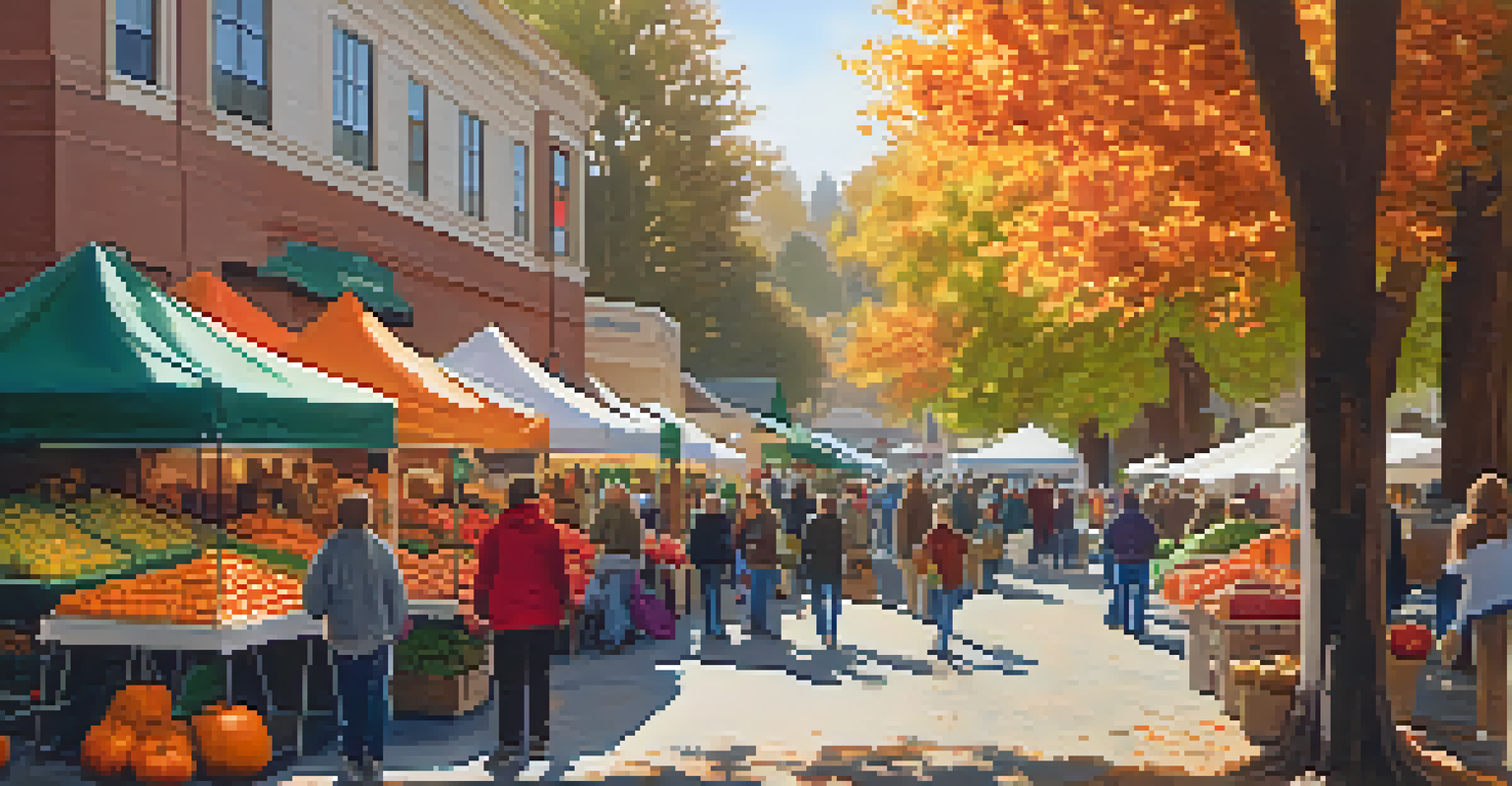 An autumn farmers' market in Redwood City with colorful produce and families enjoying the fall season.