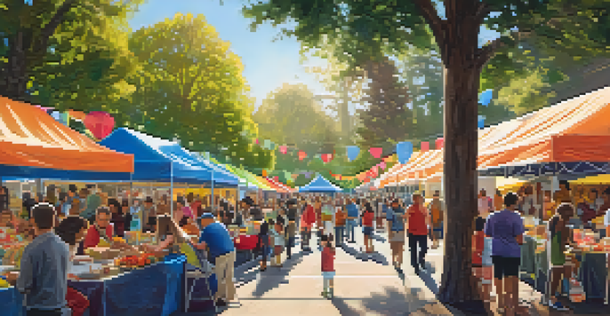 A lively community event in Redwood City with families participating in activities, colorful banners of nonprofits, and food stalls under sunlight.