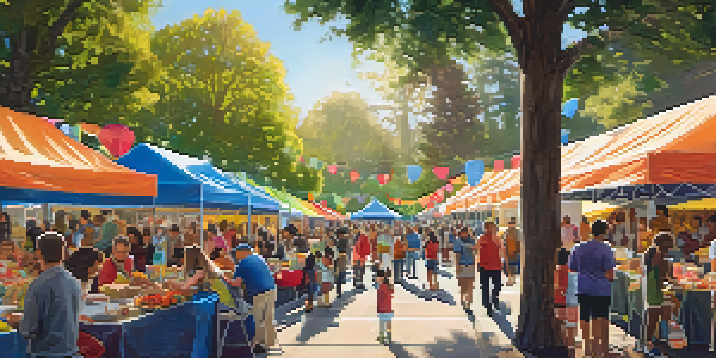 A lively community event in Redwood City with families participating in activities, colorful banners of nonprofits, and food stalls under sunlight.