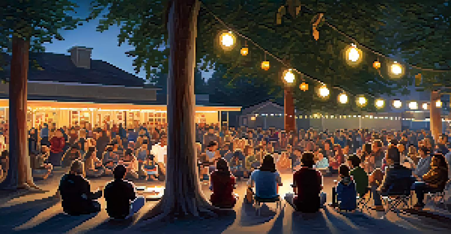 An outdoor community event in Redwood City at dusk with a live music performance, capturing the essence of community interaction and enjoyment.