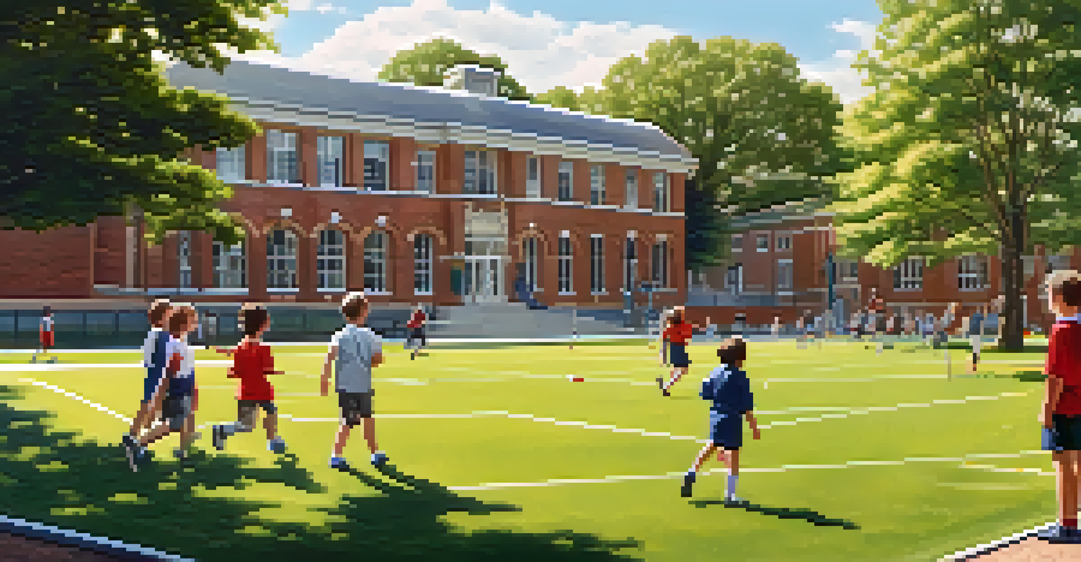 Children playing sports on a sunny school campus with a modern building and trees in the background.