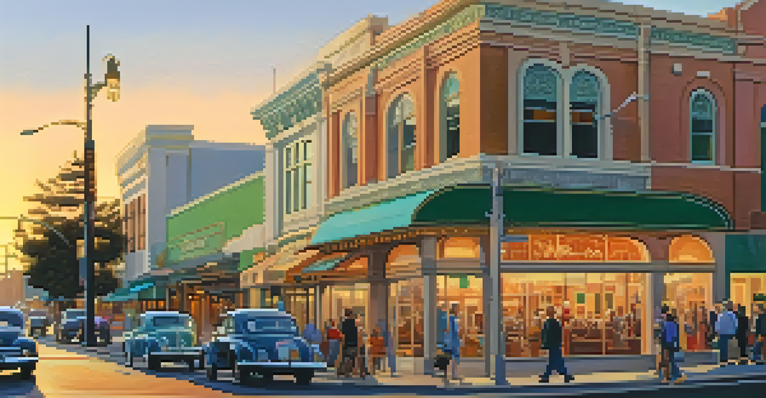 Street view of downtown Redwood City with people walking past colorful Art Deco buildings during sunset.