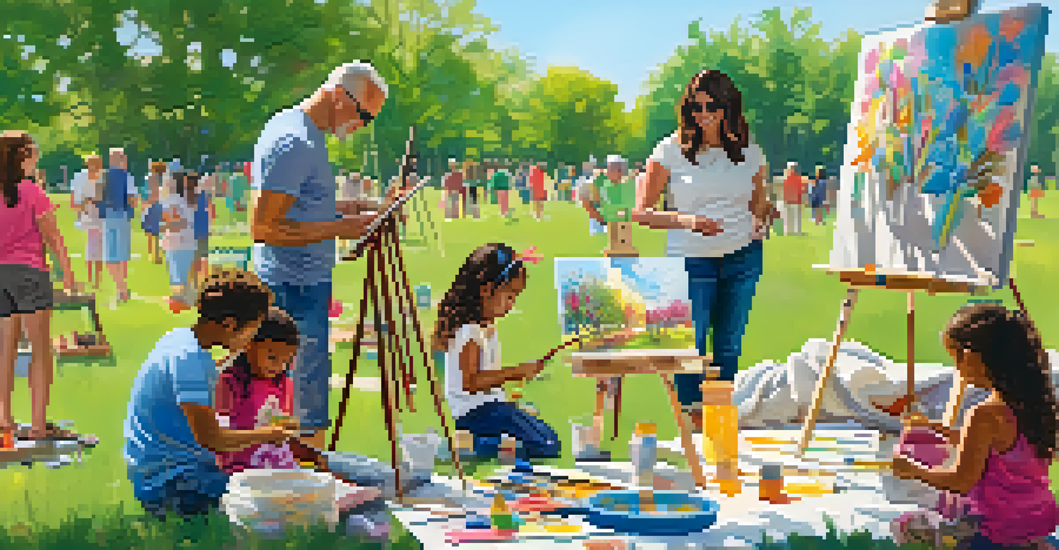 Families participating in a creative art day in a sunny park, with children painting and adults sculpting.