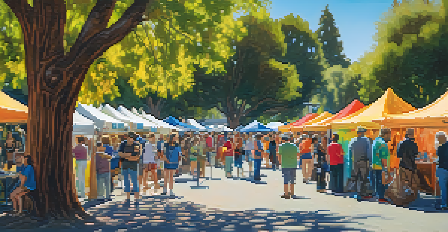 An open-air art festival in a park, displaying various artworks with attendees interacting with artists and participating in art activities.