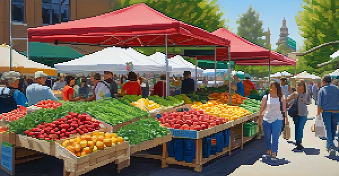 A busy Farmers' Market with colorful stalls showcasing fresh produce and artisanal goods in a sunny spring setting.