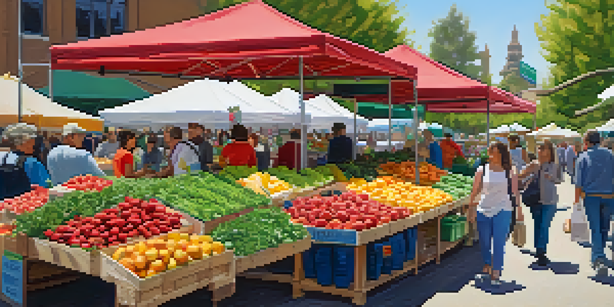A busy Farmers' Market with colorful stalls showcasing fresh produce and artisanal goods in a sunny spring setting.