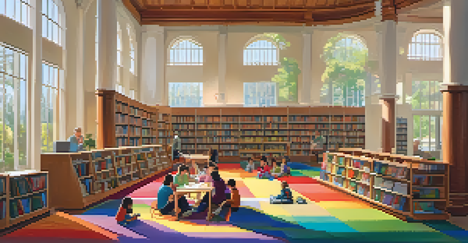 The interior of a public library, featuring children and adults reading together in a cozy and inviting atmosphere with sunlight streaming through windows.