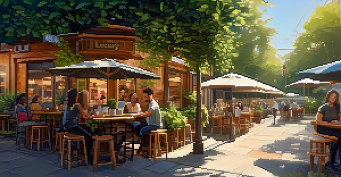 A cozy outdoor seating area of an eco-friendly cafe, with wooden tables, potted plants, and happy customers enjoying their drinks in the sunlight.