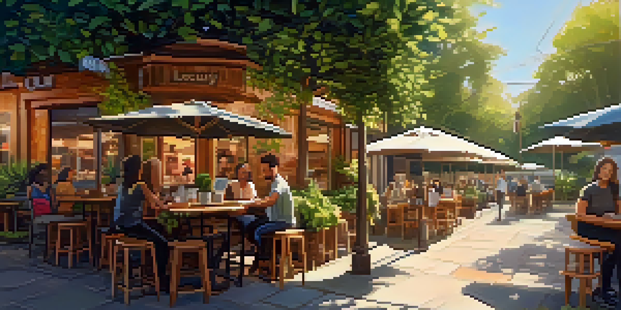 A cozy outdoor seating area of an eco-friendly cafe, with wooden tables, potted plants, and happy customers enjoying their drinks in the sunlight.