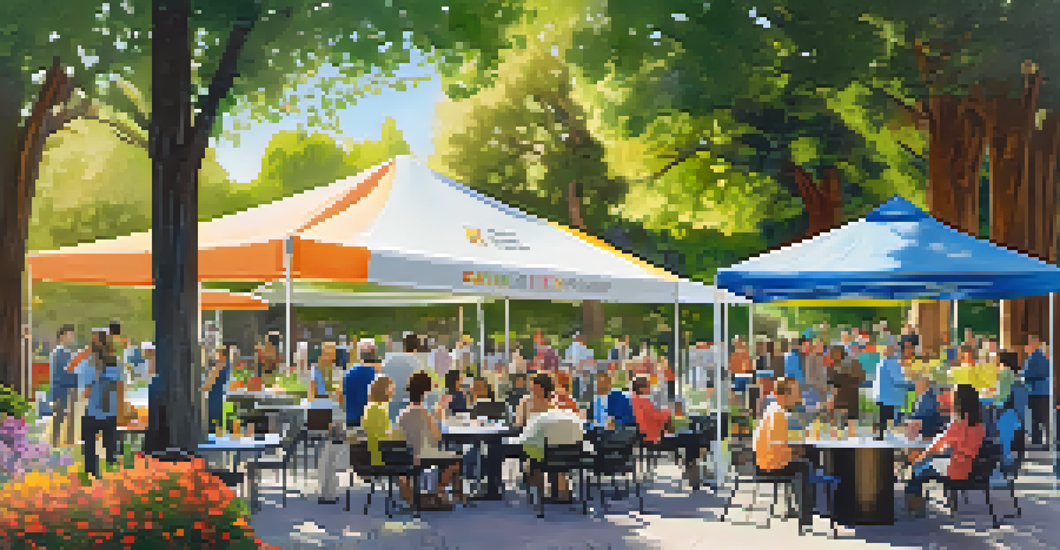 An outdoor networking event in a park with entrepreneurs engaging in discussions surrounded by trees and colorful banners.