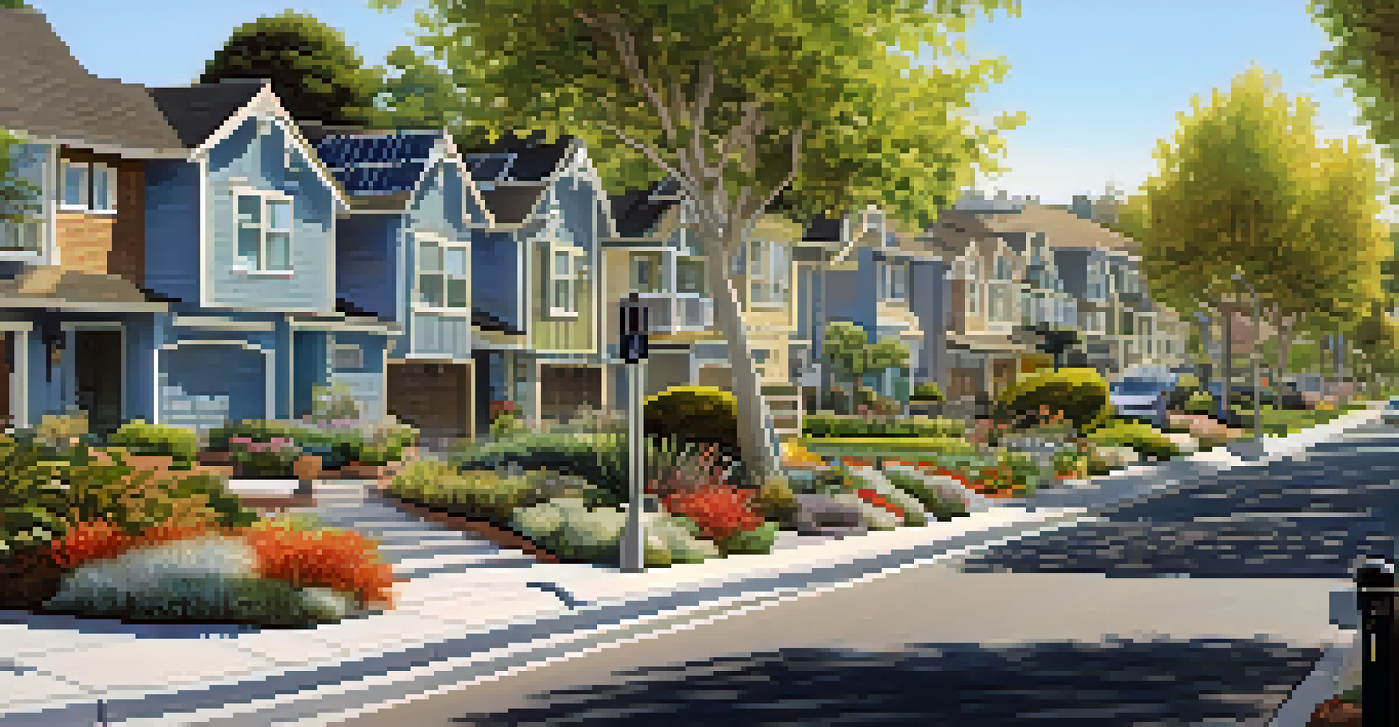A sustainable residential neighborhood with solar panels on houses, bike lanes, and green gardens, under a bright blue sky.