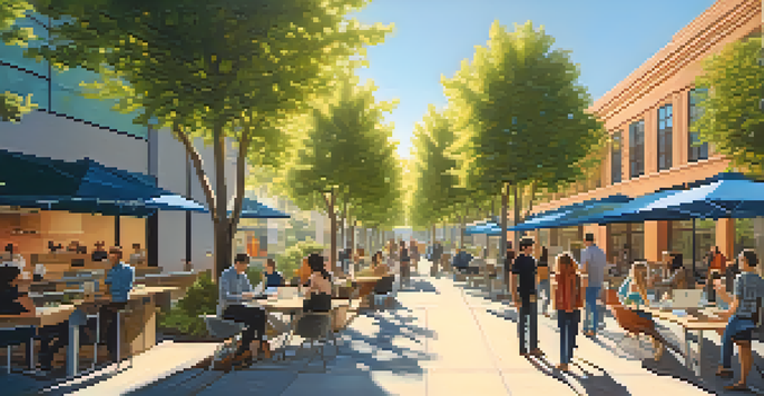 A lively street scene in Redwood City with entrepreneurs in a co-working space, surrounded by greenery and modern buildings under a blue sky.